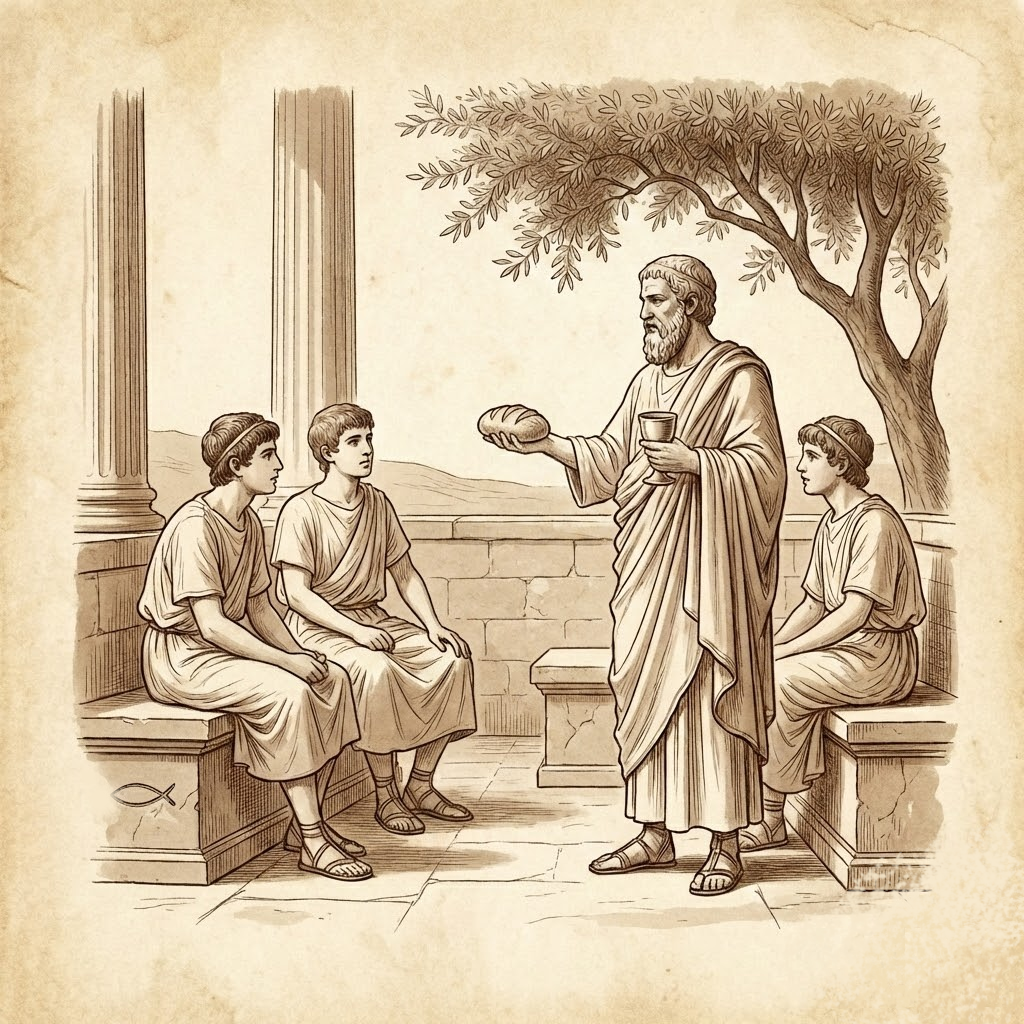 Classical illustration of a teacher with students